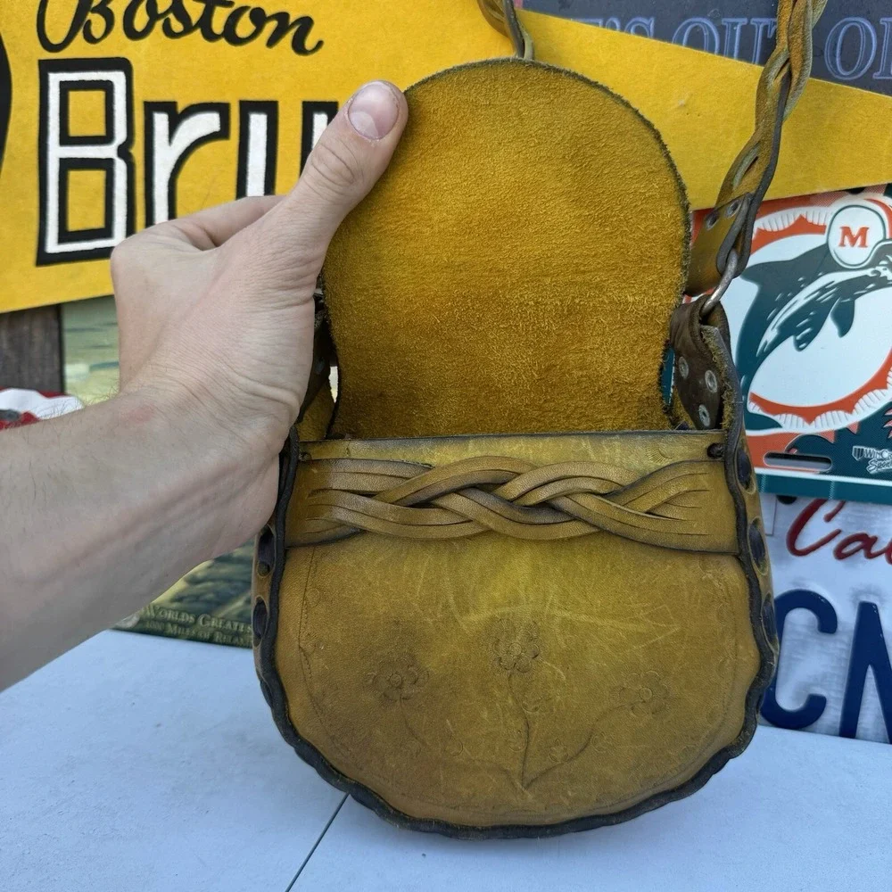 Vintage 1960s‎  Handmade Leather Saddlebag Braided Tuck on Front